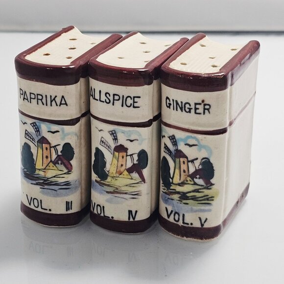 3 Westwood Ceramic Spice Containers book shaped vtg Japan windmill design retro - Picture 1 of 11